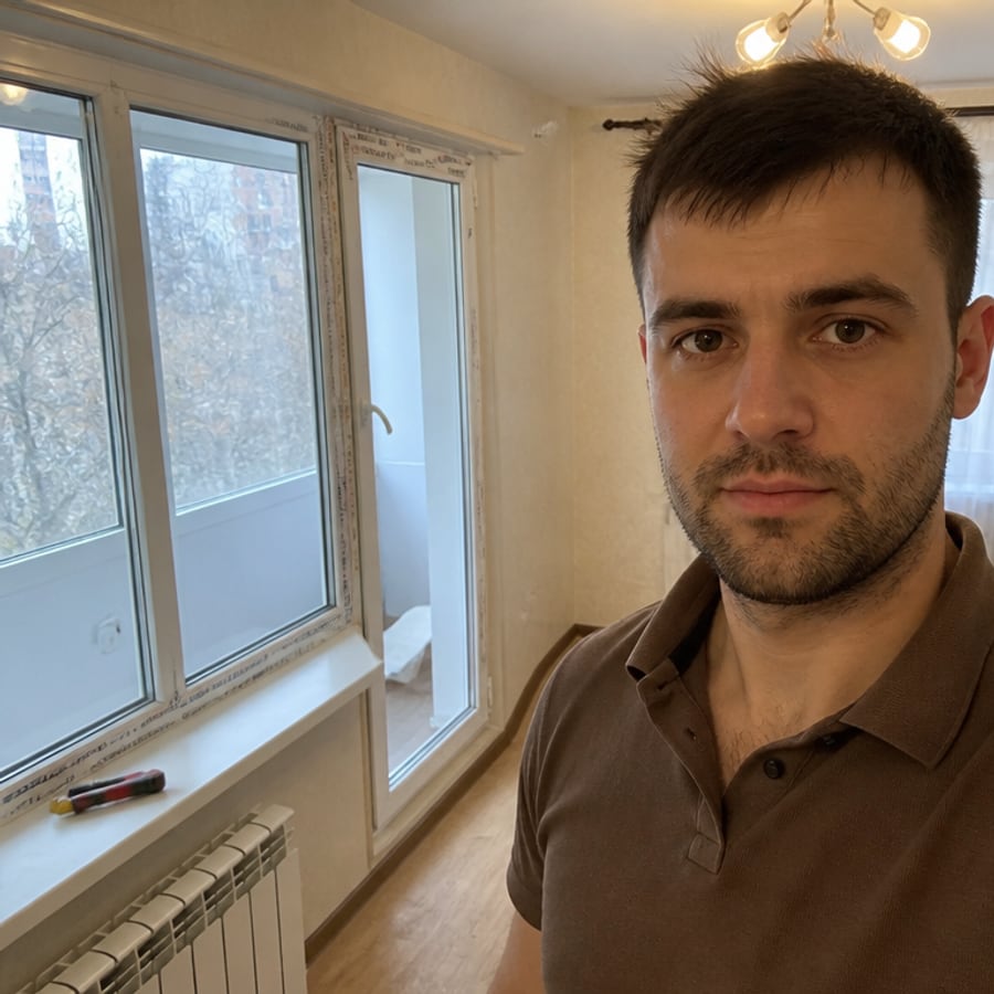 Мастер держит инструмент рядом с открытым пластиковым окном